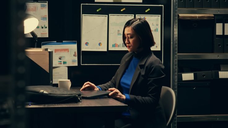 Private investigator entering archive room to search for evidence, looking for clues and connections. Law agent examines old criminal cases and statistical data for forensic insights. Camera B.